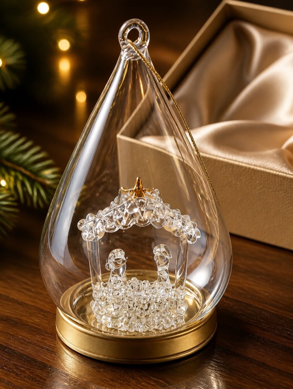 Glass Teardrop Ornament with Nativity Scene